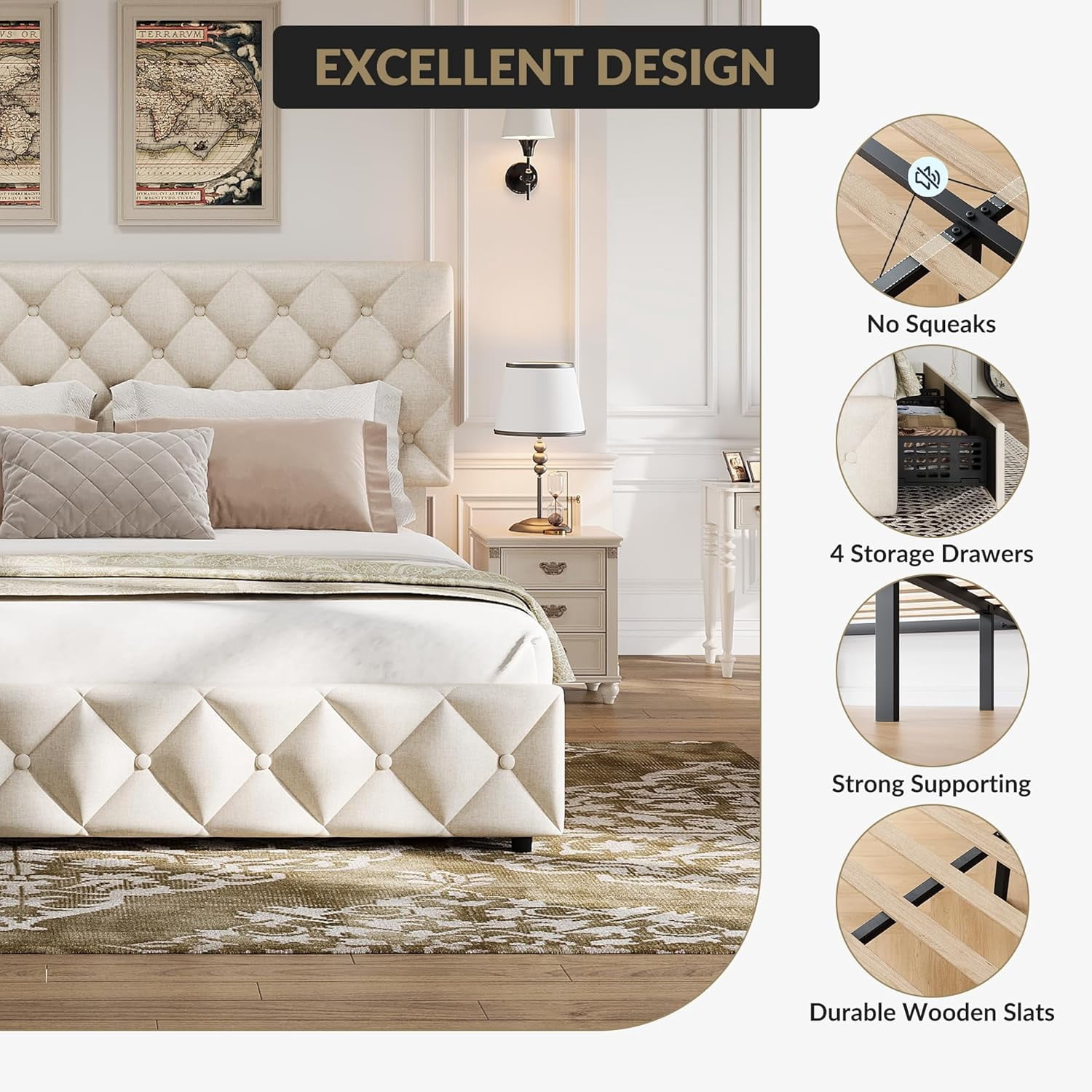 Queen Size Bed Frame with 4 Storage Drawers & Headboard, Linen Upholstered Platform Bed Frame, Stylish Diamond Tufted Design, No Box Spring Needed | Off - White