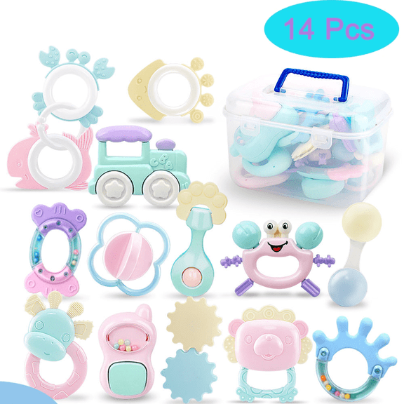 14PCS Baby Rattles 0-6 Months, Baby Teething Toys with Storage Case, Infant Toys 0-3-6-12 Months, Baby Teether Set,Baby Girl Toys, Best Newborn Present for Babies Boy Girl