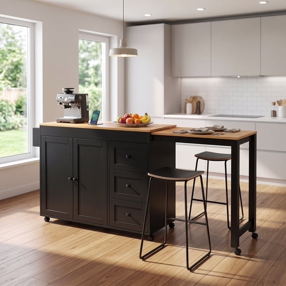 MODERNLUXE Large Kitchen Island with Extendable Dining Table and Power Outlet,Rolling Kitchen Island Cart on Wheels with Storage Cabinets,3 Drawers & Spice Racks,Island Table for Kitchen, Black