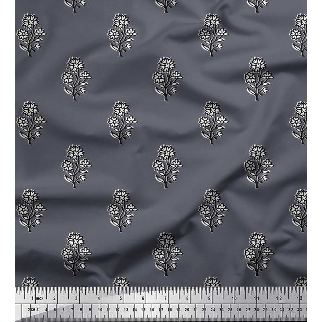 Soimoi Rayon Crepe Fabric Leaves & Floral Block Printed Fabric 1 Yard 46 Inch Wide