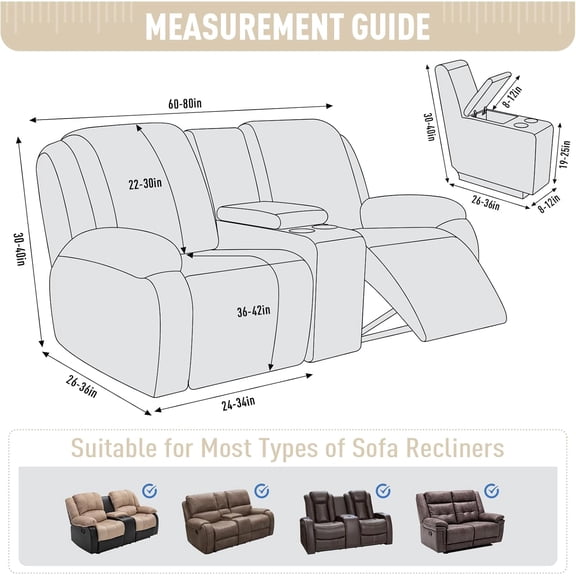 Loveseat Recliner Cover with Middle Console Stretch Slipcover for 2  Couch Beige