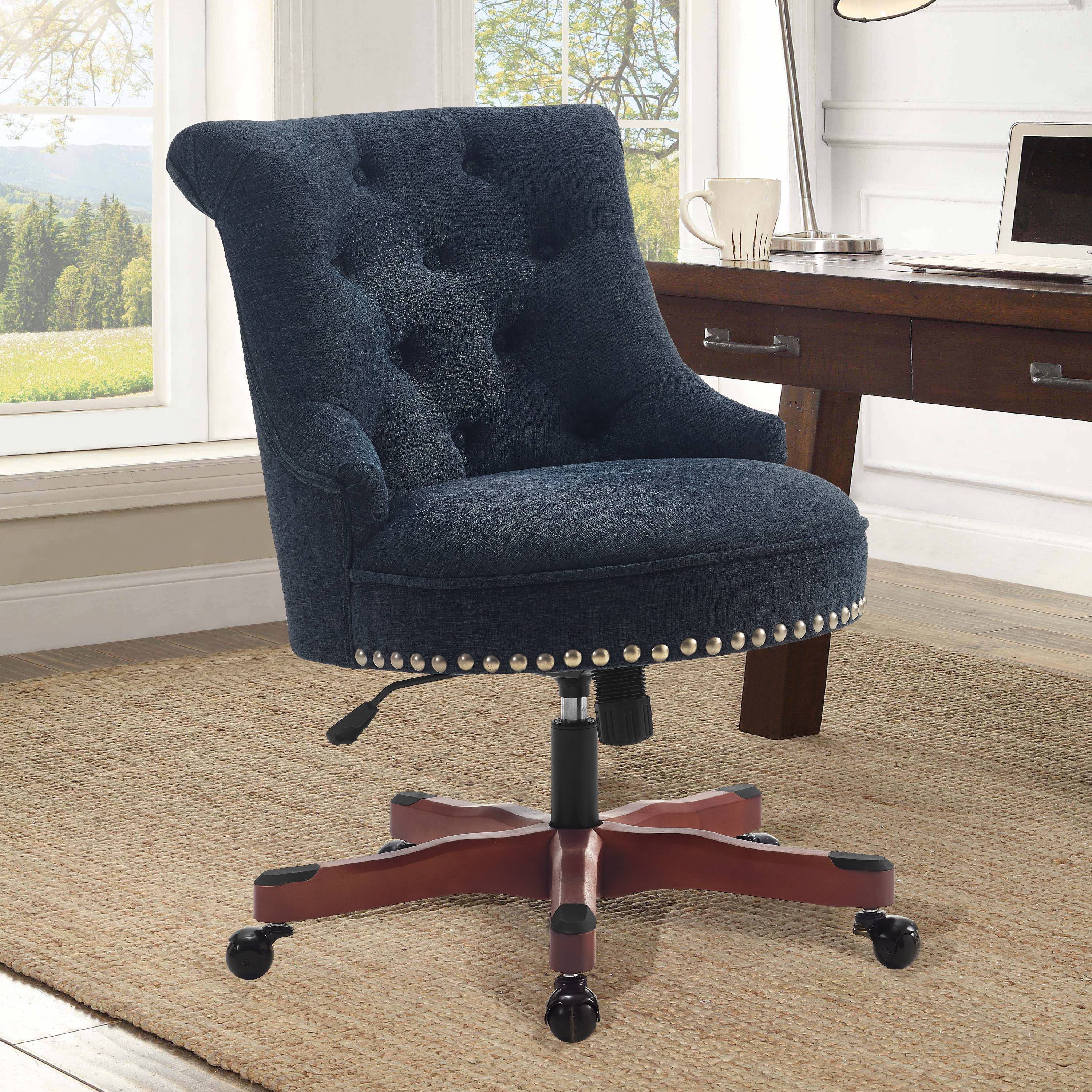 Executive Office Chair Armless Wood Base Wheels Blue Upholstered