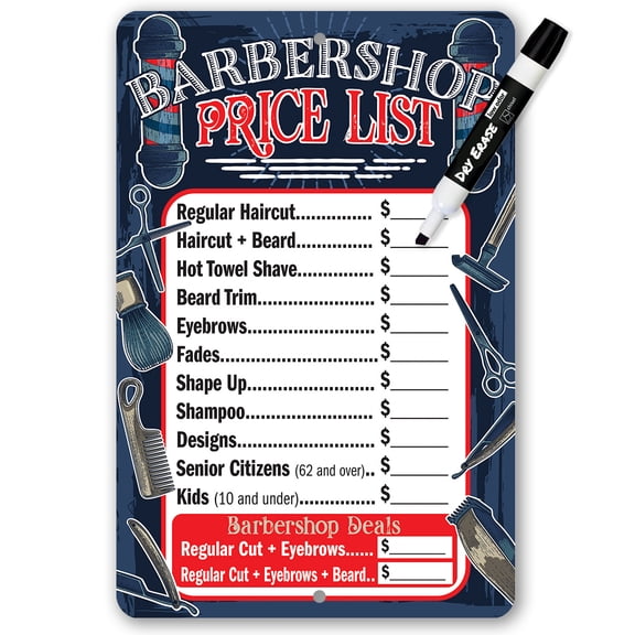 Metal Sign - Dry-Erase Barbershop Price List - Durable Metal Sign - Use Indoor/Outdoor - Makes a Great Barbershop Decor and Gift for Salon Business Owners (8x12)