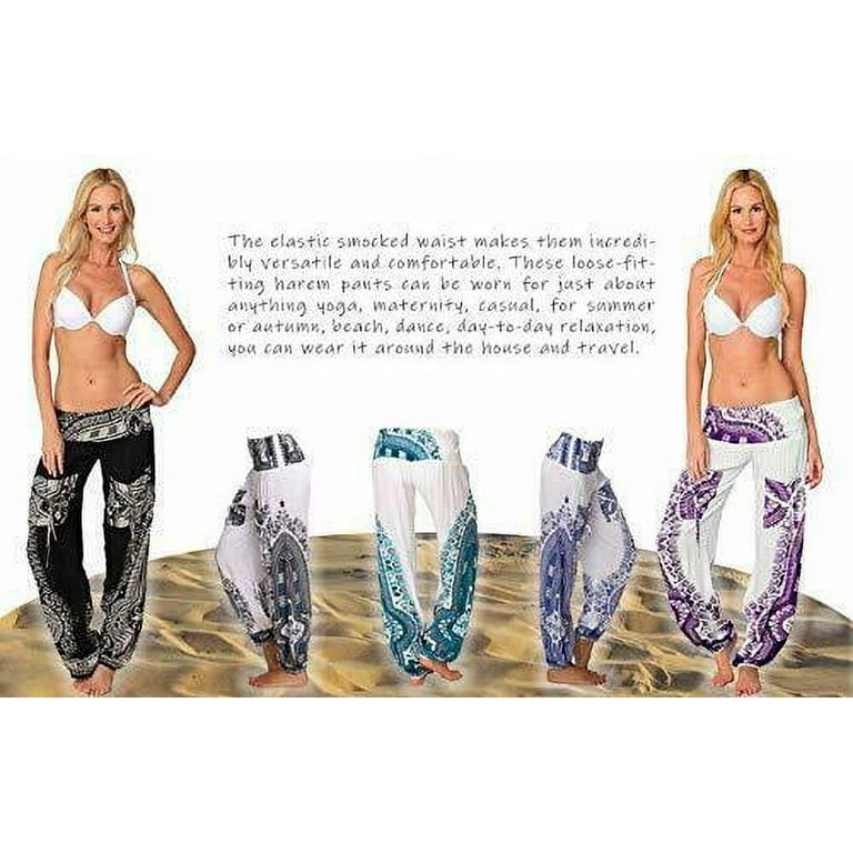 Harem Yoga Pilates Pants Hippie Bohemian Smocked Baggy Boho Fitness Gypsy  yoga harem pants for women (White Grey, Large)