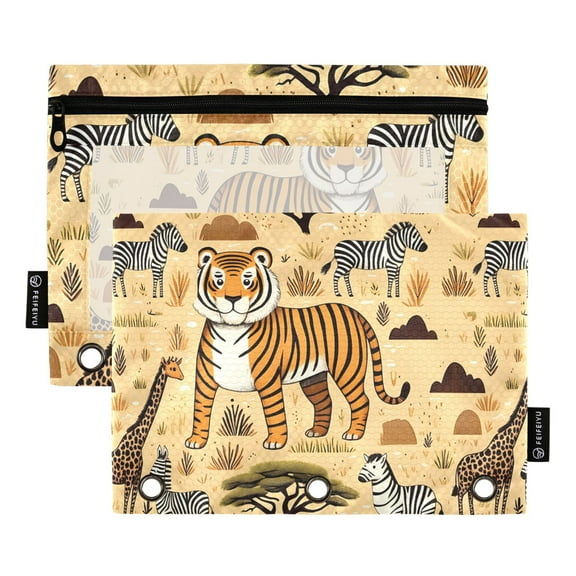 Wildlife Tiger Zebra Giraffe 2 Pack Pencil Pouch for 3 Ring Binder Smooth Zipper Folders with Pockets Clear Window Pencil Case