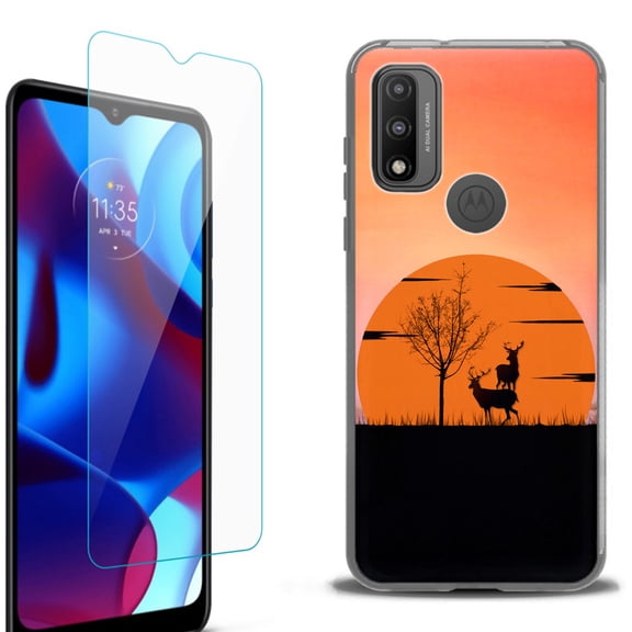 Slim-Fit Protective Phone Case (Black) compatible with Motorola Moto G Pure 5G, with Tempered Glass Screen Protector, by OneToughShield ® - Sunset Deer