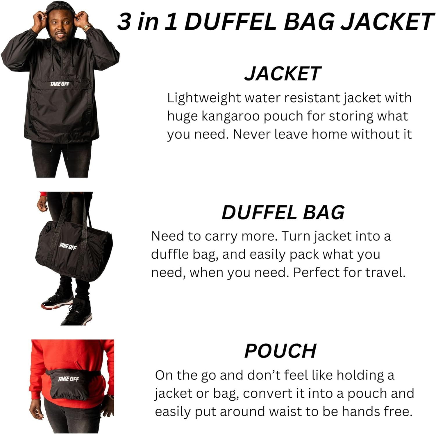 TAKE OFF Luggage Convertible Small Duffle Bag Jacket Carrying Bag Travel Essentials