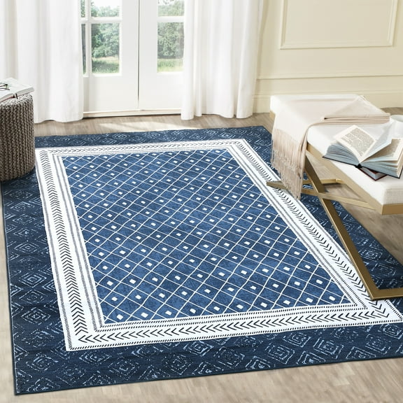 Border Geometric Rug, Non-Slip Washable Low Pile Thin Area Rug, Foldable Accent Carpet for Living Room, Bedroom, Dining Room, and Office
