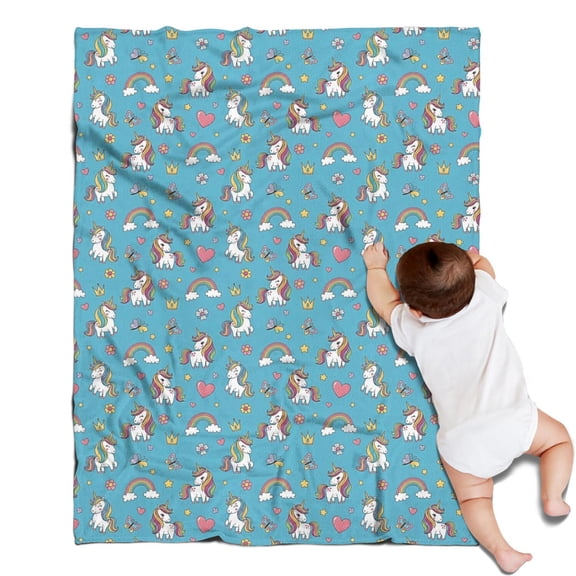 Blue Cartoon Unicorn Rainbow Heart Butterfly Crown Blanket,Comfortable Soft Flannel Throw Blanket,All Season,Warm Lightweight Blankets for Sofa Bed Couch Living Room Chair,30"x40"