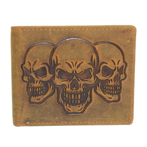 MARSHAL Mens RFID Blocking Vintage Leather Bifold Wallet with Triple Skull Debossed Design Tan