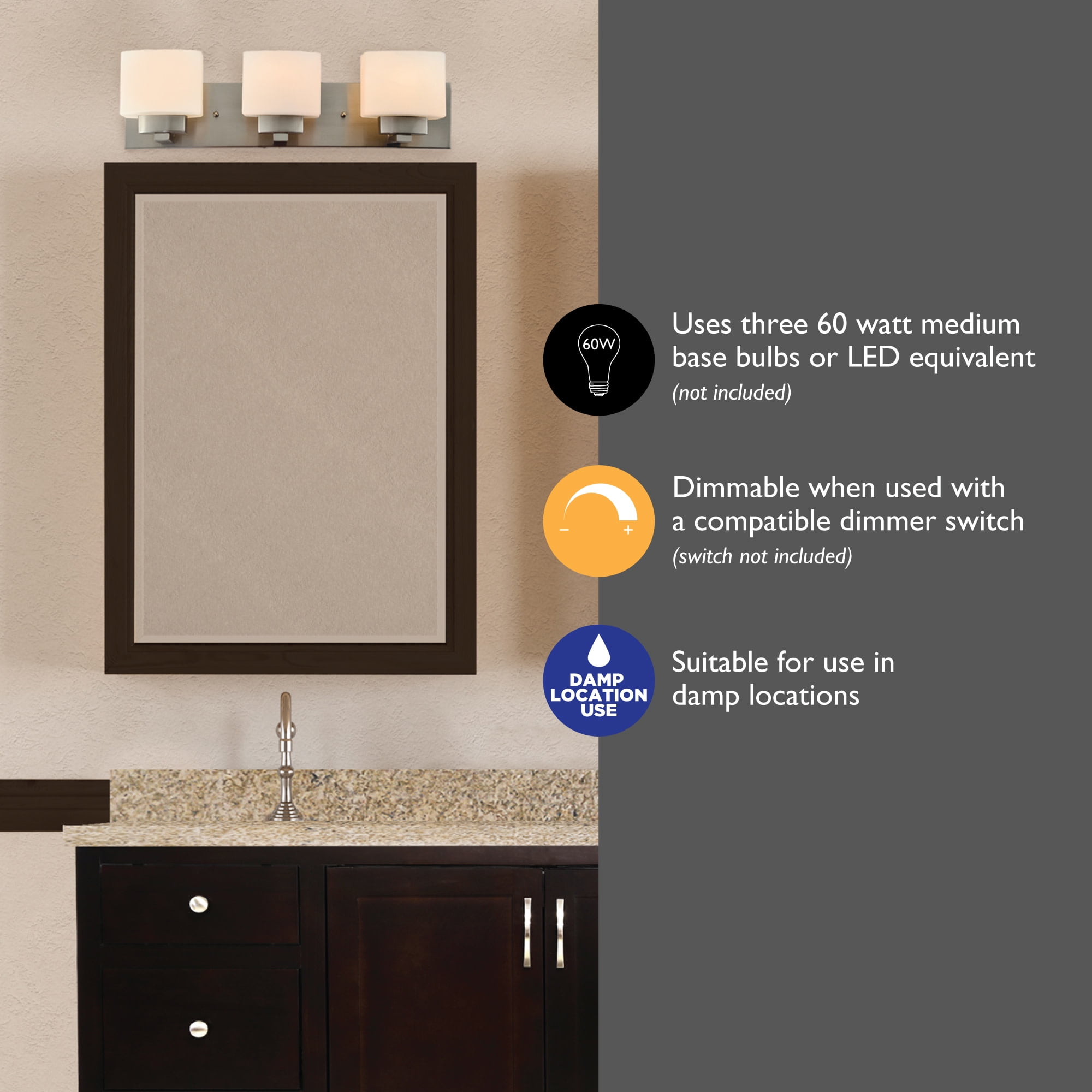 Design House Dove Creek 3-Light Dimmable Bathroom Vanity Light with Frosted Glass, Satin Nickel
