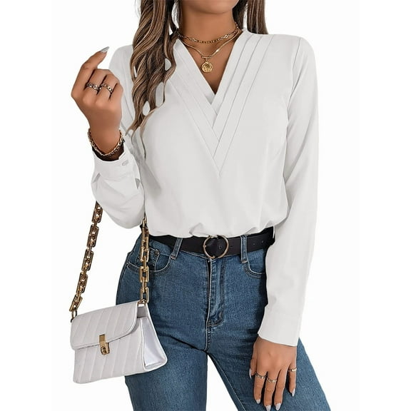 Women'S V-Neck Pleated Blouse Long Sleeve Office Wear Top White XXL