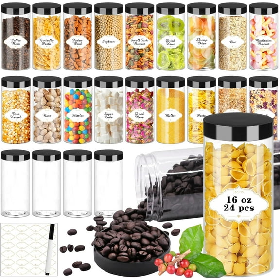 Plastic Jars with Lids 16OZ, Plastic Jars 24Pcs Slime Containers with Airtight Screw On Lids Leak Proof Clear Plastic Storage Jars Containers Empty for Kitchen & Household Food Storage