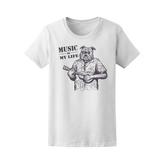 Bulldog Playing Ukulele T-Shirt Women -Image by Shutterstock, Female Small