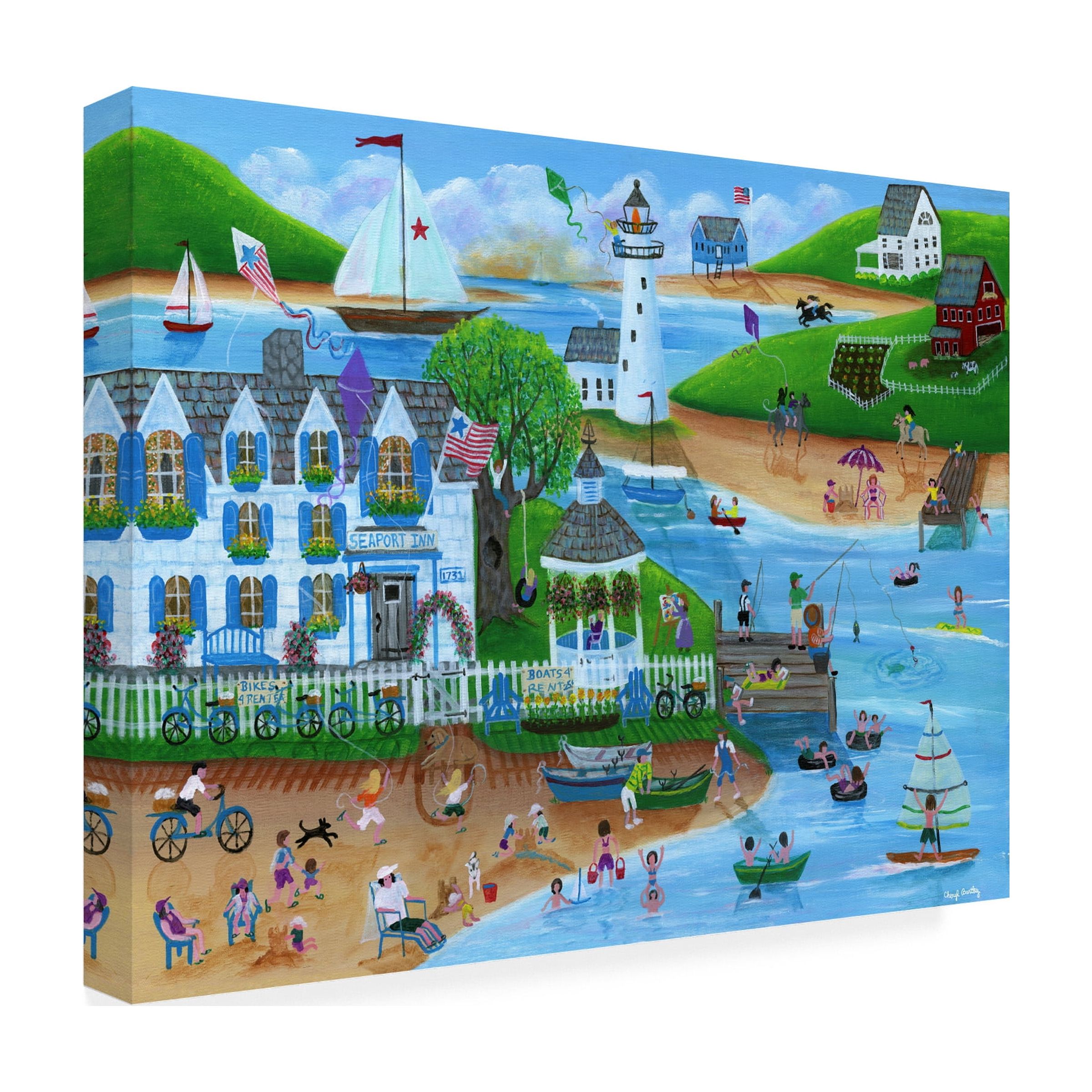 Trademark Fine Art 'Folk Art Summertime Fun at Seaport Inn' Canvas Art by Cheryl Bartley