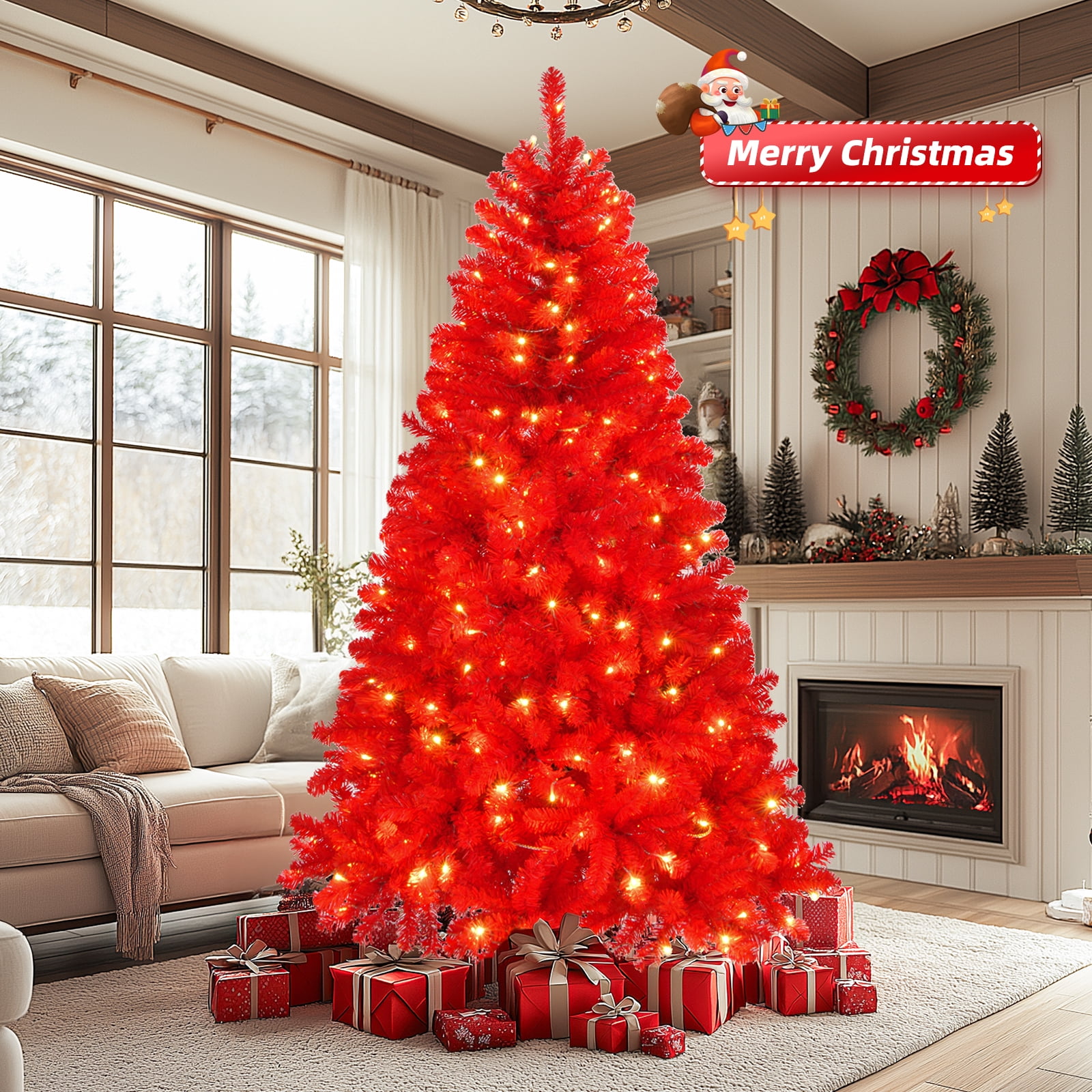 7 FT Pre-lit Artificial Christmas Tree, Hinged Xmas Pine Tree with 1100 Branch Tips, 400 Lights and Remote Control, 10 Modes and Stepless Dimming for Holiday Party Office Home, Red