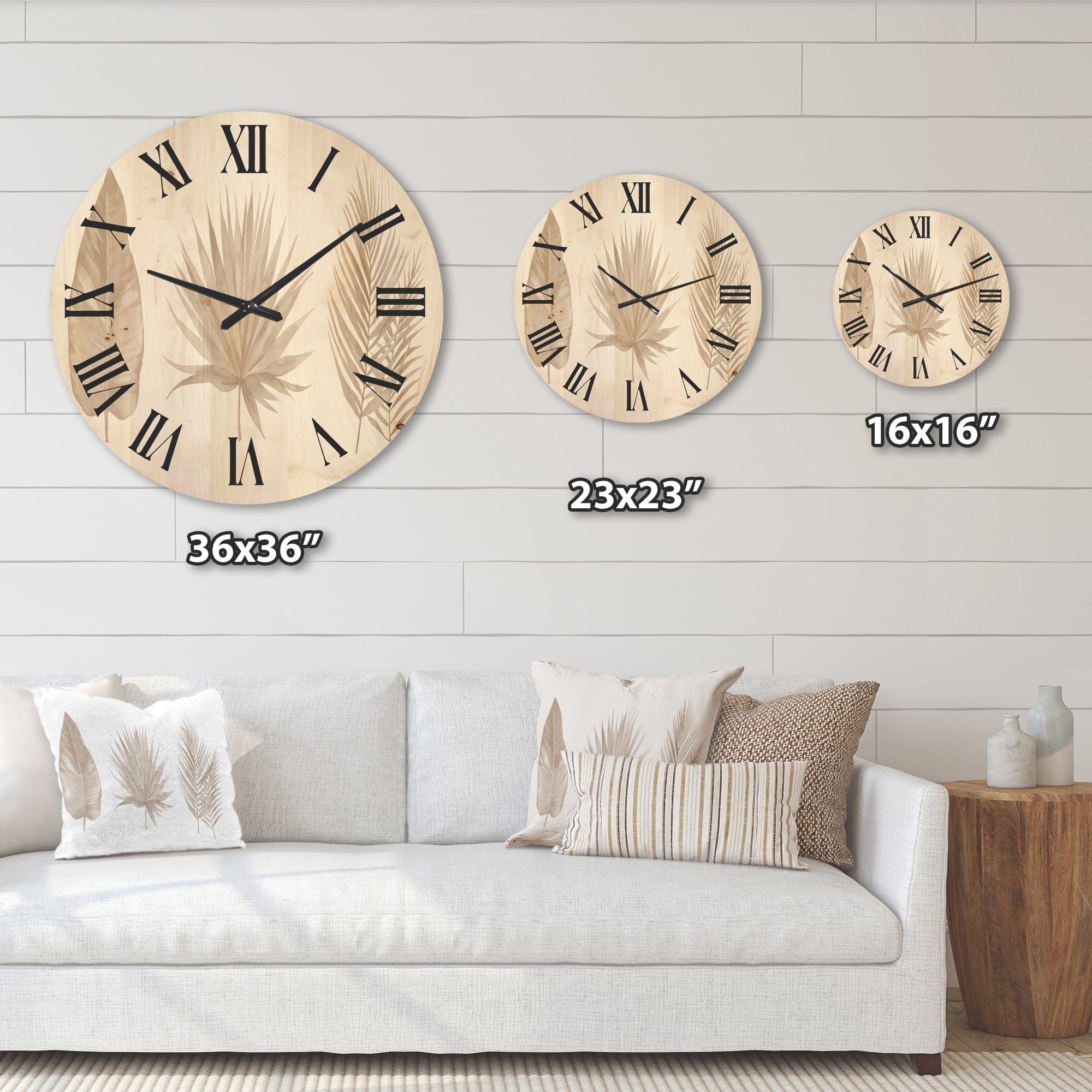 Designart 'Tropical Beiges Leaves On White' Traditional Wood Wall Clock