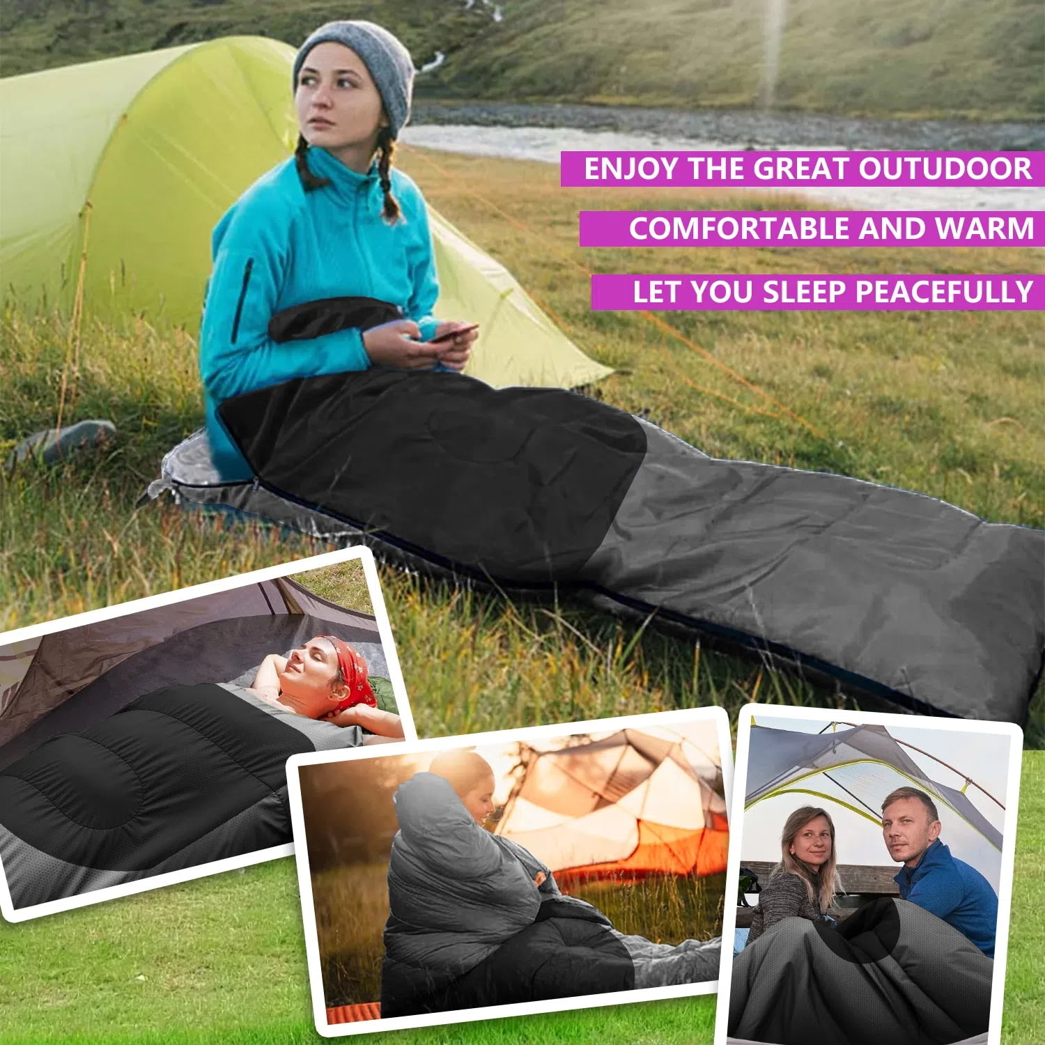 Teblint Camping Sleeping Bag for Adults Kids, Cold Weather Warm Sleeping Bag with Compression Bag for 3 Seasons, Compact Camping Essentials Gear Accessories Hiking Sleep Must Haves-Gray