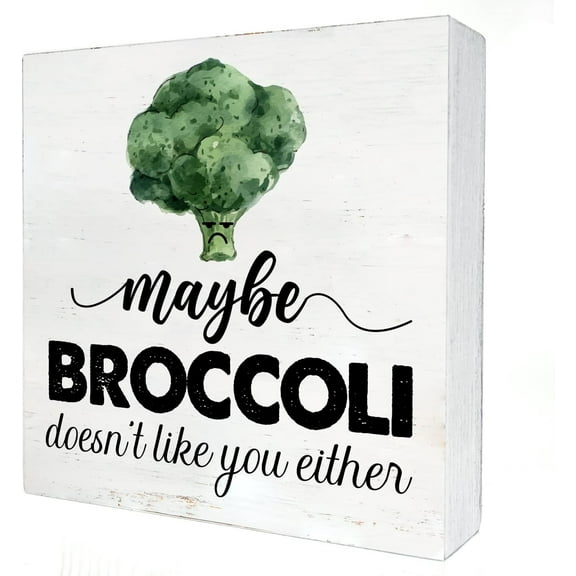5x5 IN Humor Kitchen Wooden Box Sign with Saying Desk Decor Maybe Broccoli Doesn't Like You Either Box Sign Wood Plaque Block Sign Rustic Home Decor