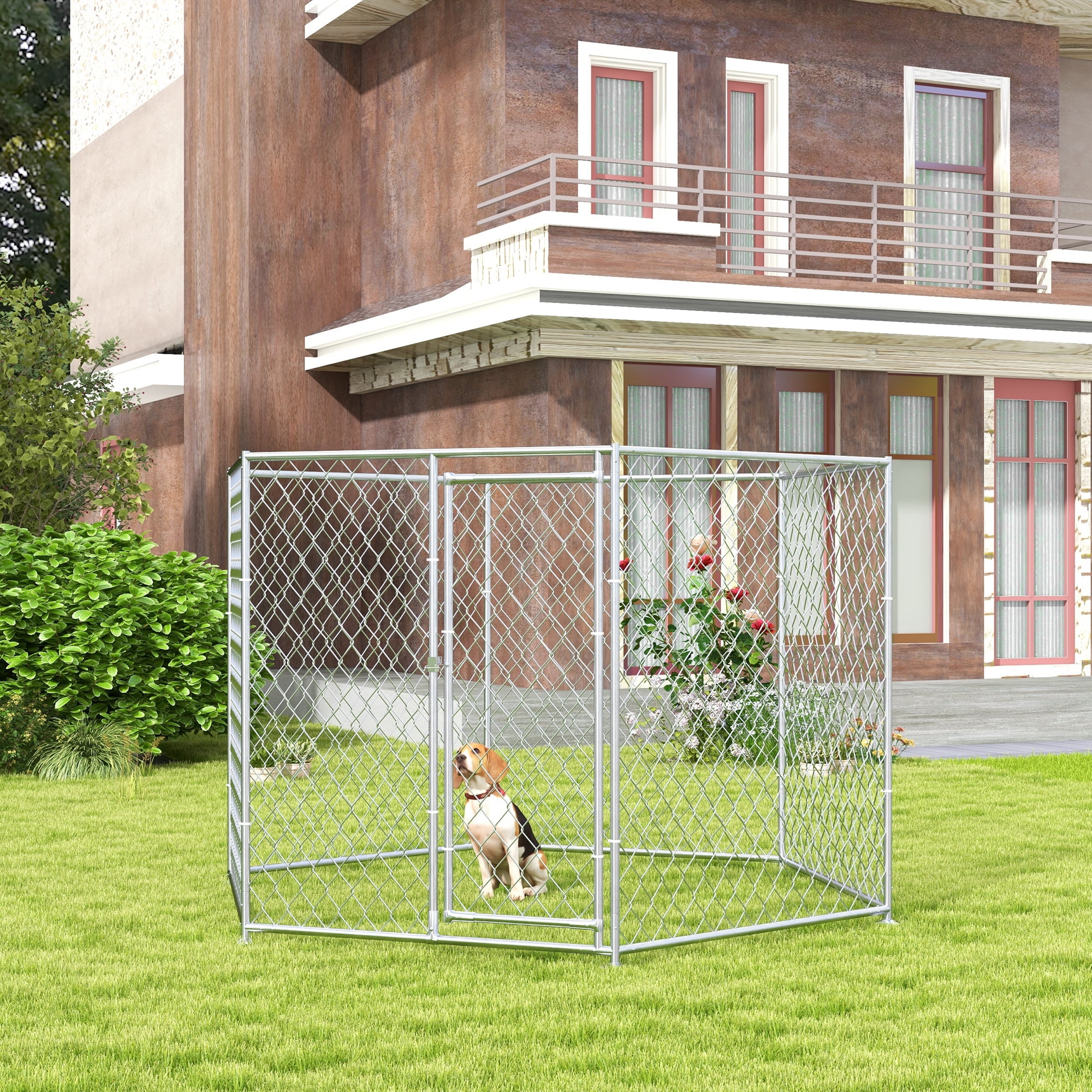 Luxvie Dog Kennel, Outdoor Dog Run with Lockable Door for Medium and Large-Sized Dogs, Silver
