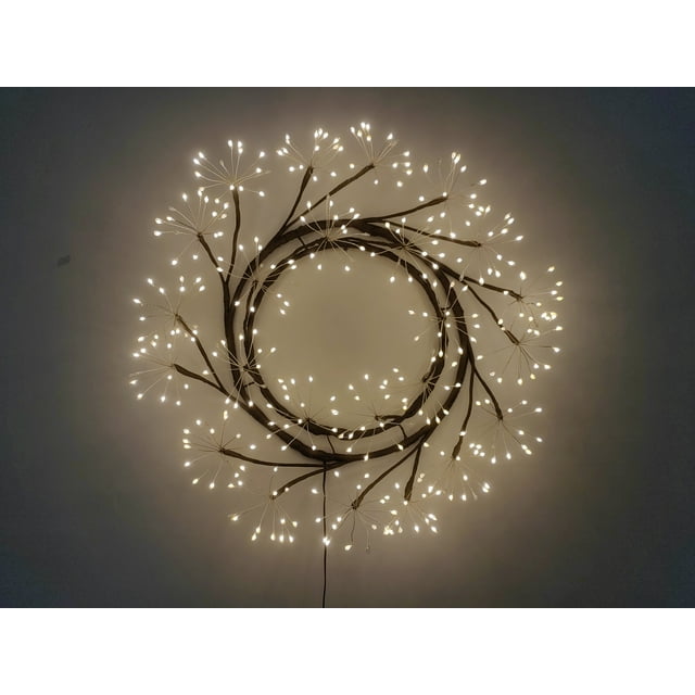 Couronne de Noël LED 24 Po Branches d'Arbre Marron Décoration Intérieure Suspendue pour les Fêtes