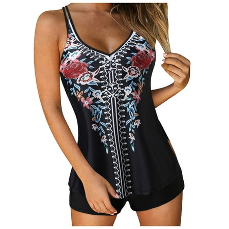 GEWSEY Tankini Swimsuits for Women Two Piece Tummy Control Bathing Suits Blouson Tankini Top with Sporty Boy Shorts (Red  L)
