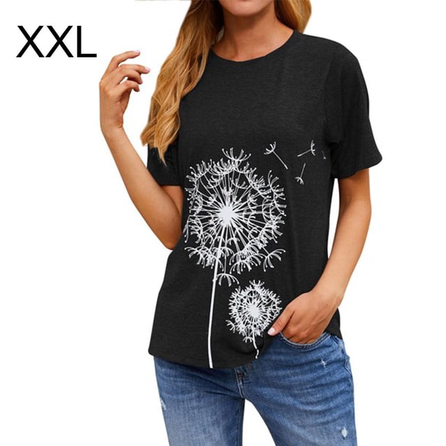 Camiseta Cuello Redondo Estampado Mujer Tops Poliéster Manga corta Paño de verano, Negro, XXL Advancent AP002414-05