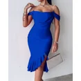 thumbnail image 6 of CHICME Womens Dresses Pearls Strap Off Shoulder Ruffle Hem Bodycon Midi Party Dress Blue-XL, 6 of 7