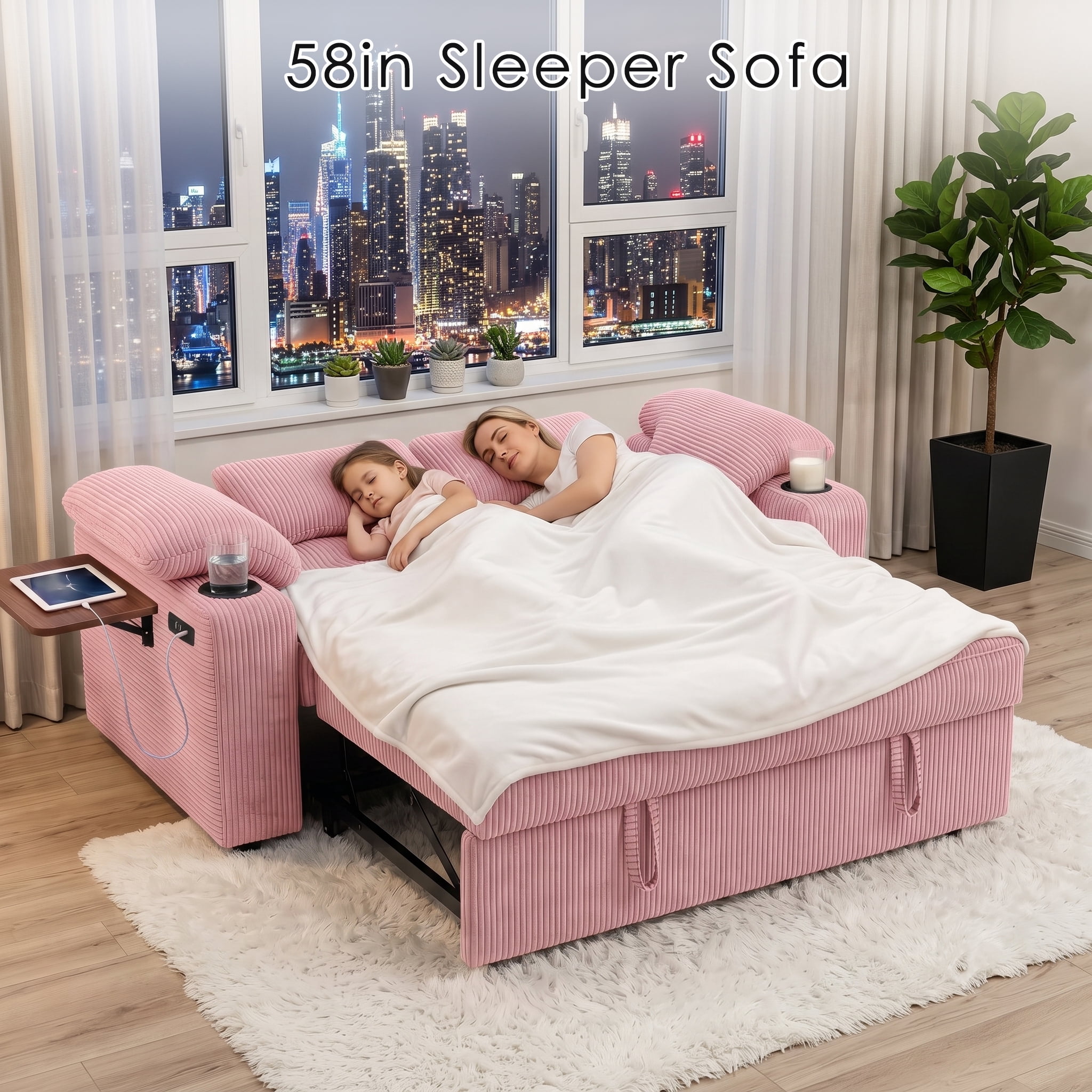 58" Convertible Sleeper Sofa Bed, Full Size Pull Out Couch with USB Charging, Cup Holders, Side Table, Adjustable Backrest, Corduroy Loveseat for Living Room, Apartment, Office (Pink)