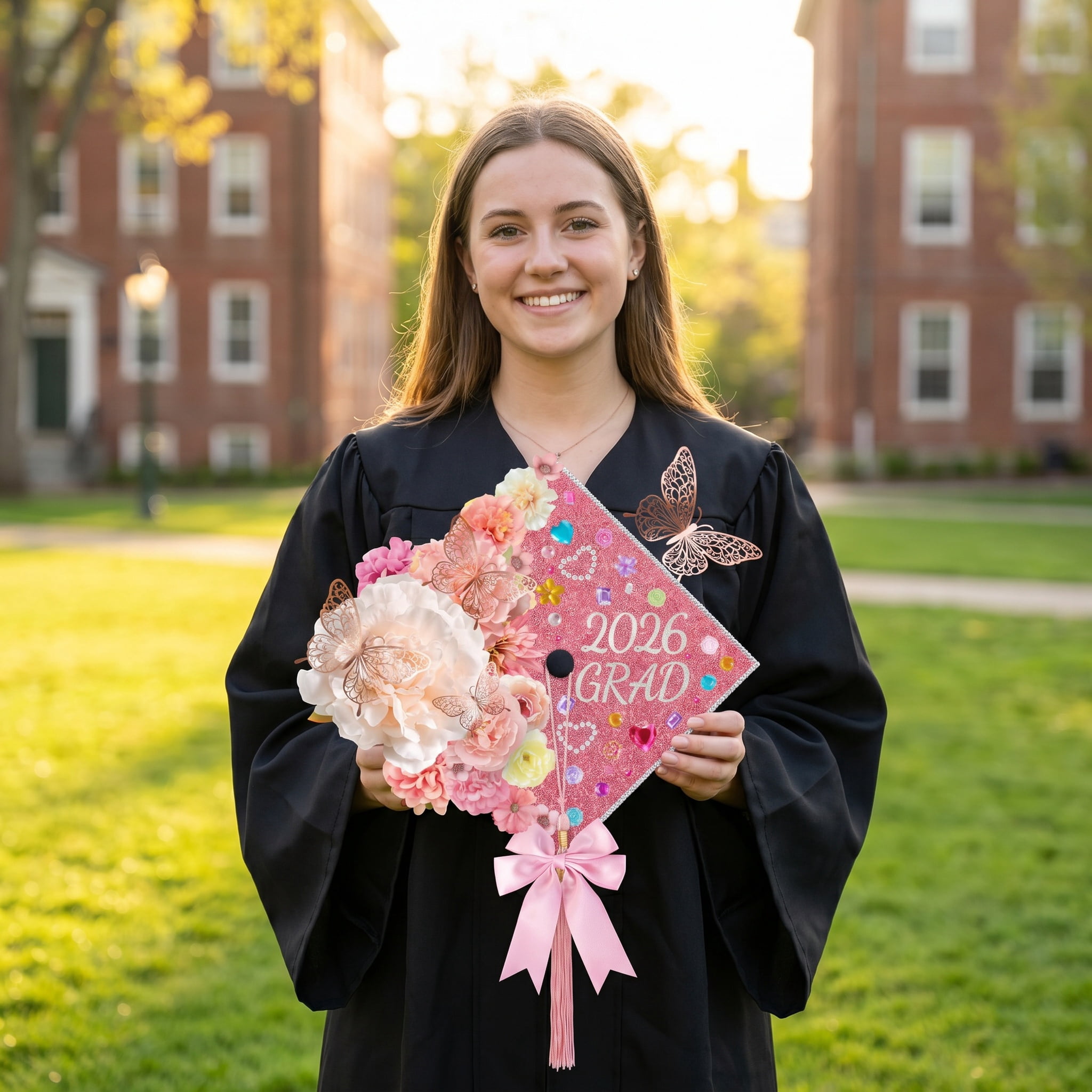 2026 Graduation Cap Decorations Kit, 56 Pcs DIY Grad Cap Topper Set with Artificial Flowers, Bow, 3D Butterflies, Glitter Letters, Rhinestones for High School College Graduation