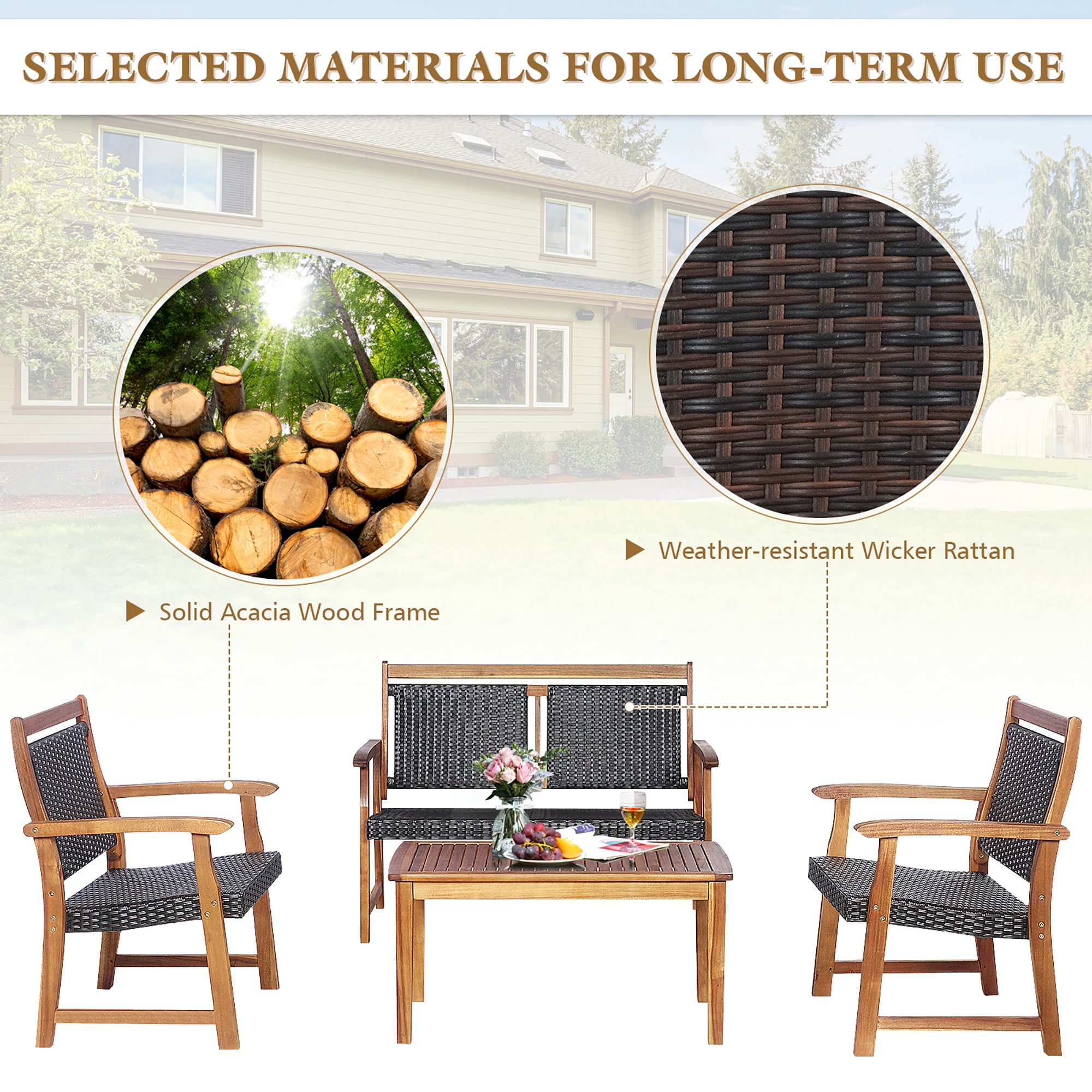 Costway 4 PCS Patio Rattan Furniture Set Acacia Wood Frame Sofa Loveseat Garden