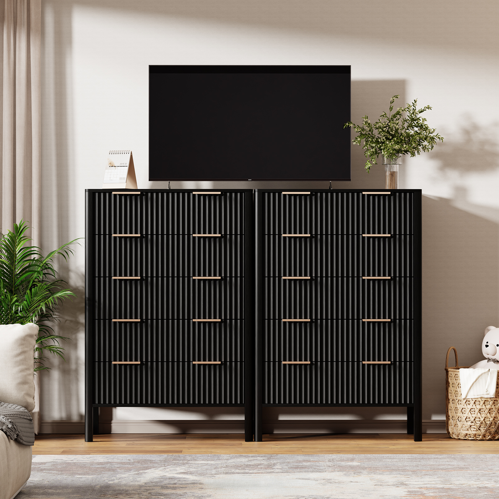 Fluted 5 Drawer Dresser for Bedroom 47" Wide Wooden Dresser TV Stand Modern Storage Organizer for Living Room, Hallway, Black