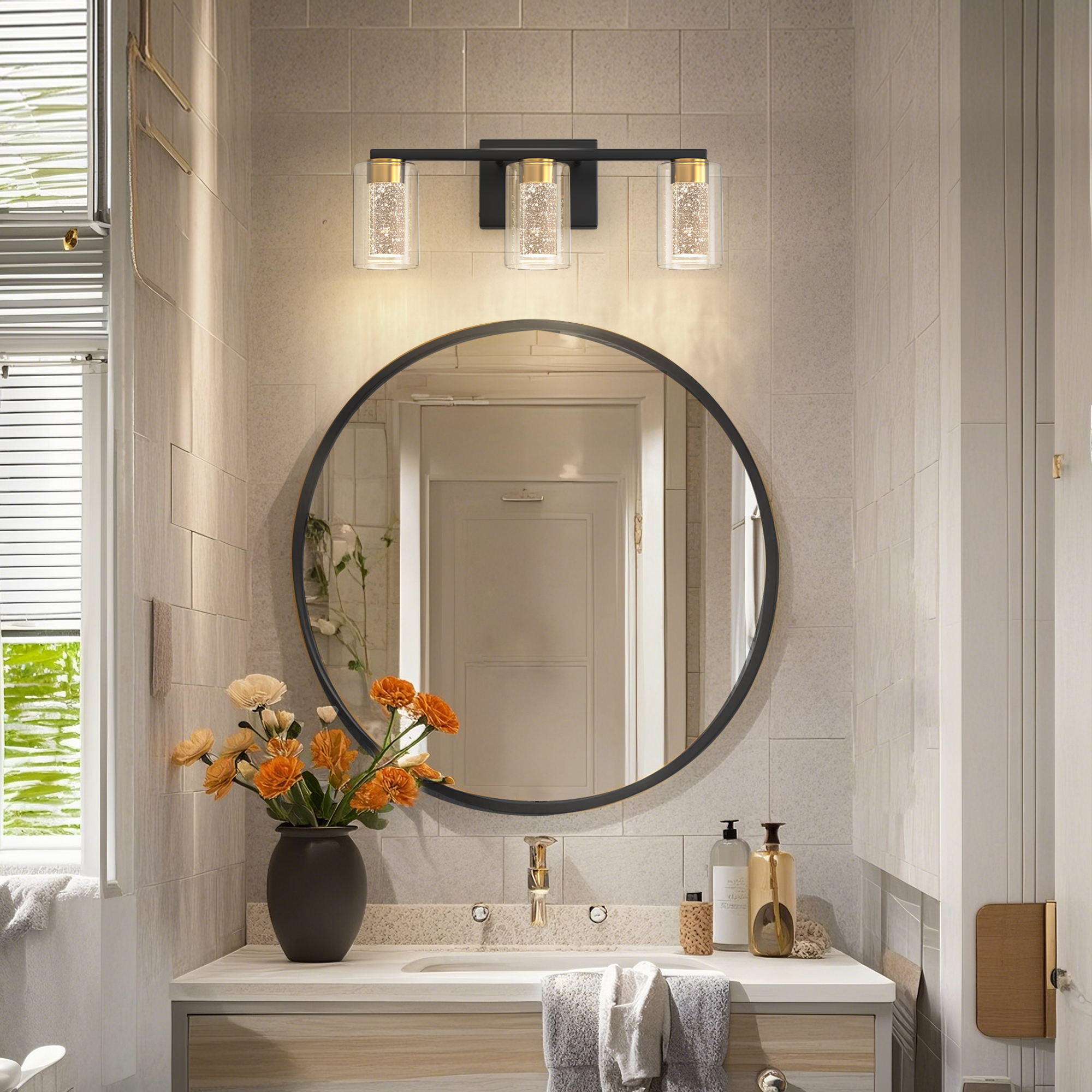 YANSUN 18 in 3-Light Black and Gold LED Bathroom Vanity Light, Warm to Cool Lighting with Clear Glass for Mirror, for Bathrooms, Powder Rooms, or Vanity Nooks