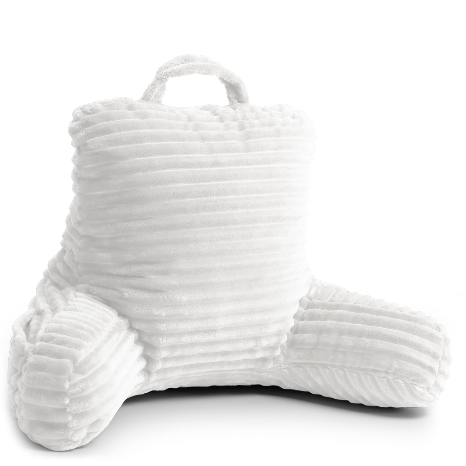 Clara Clark Cut Plush Striped Reading Pillow for Kids & Teens, Small Back Pillow, Back Support Pillow, Shredded Memory Foam Bed Rest Pillow with Arms, White