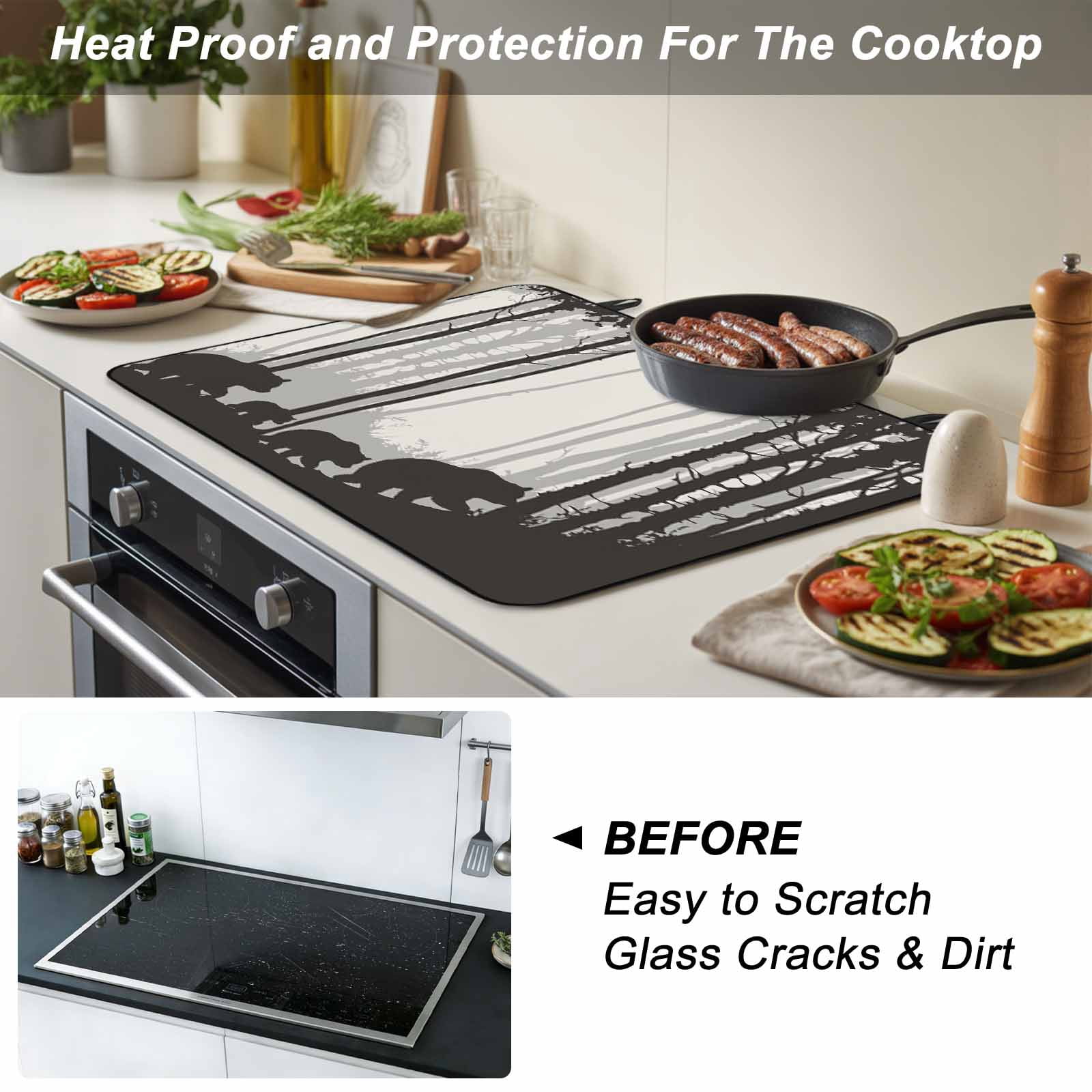 Forest Bear Stove Top Cover for Electric Stove, Heat-proof & Non Slip Glass Top Stove Cover Protector, Black Grey Country Farmhouse Nature Tree Kitchen Flat Cooktop Rubber Mat 24x21 Inches