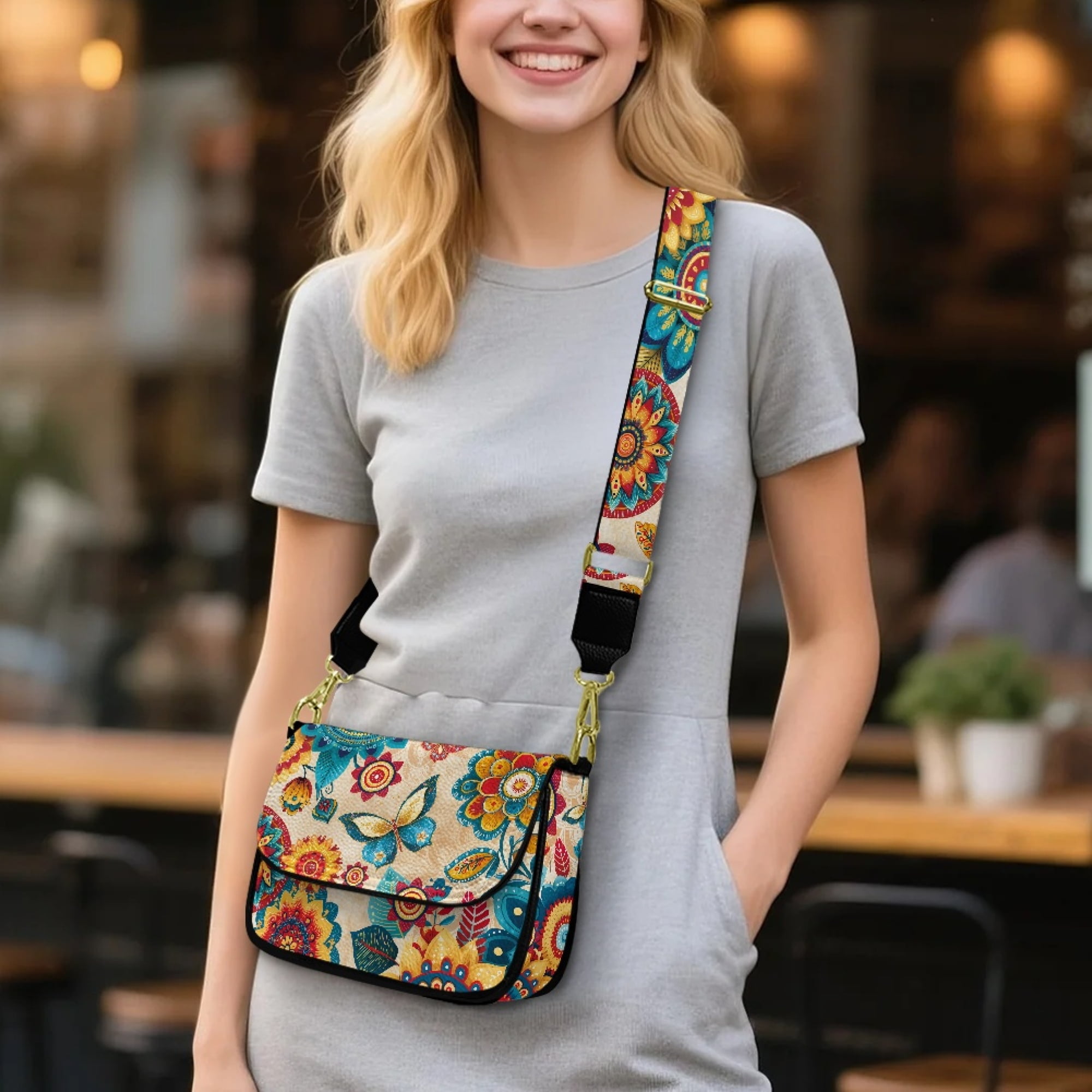 TSOVTHRID Boho Mandala Floral Butterfly Print Crossbody Bags for Women PU Leather Crossbody Handbags Purses Crossover Shoulder Bag with Wide Strap