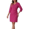 thumbnail image 1 of Vestido envolvente Inspire Chic para mujer, con mangas 3/4, escote en V, elegante y casual, vestido midi para invitadas de boda, talla XS, color rosa intenso, 1 of 5