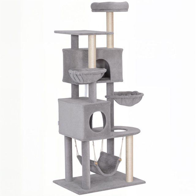 Large Light Grey Cat Tree with 2 Condos & 3 Hammocks - 66" Multi-Level Scratching Tower for Living Room & Bedroom - Stable, Plush Perch Cat Furniture