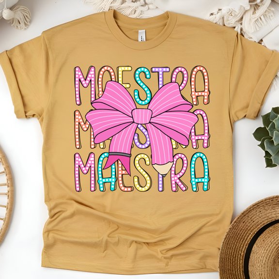 Maestra T-Shirt for Women, Cute Rainbow Pencil Teacher Tee with Pink Bow, Gold, Size M