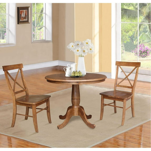 36" Solid Wood Round Pedestal Table in Distressed Oak with 2 X-Back Chairs