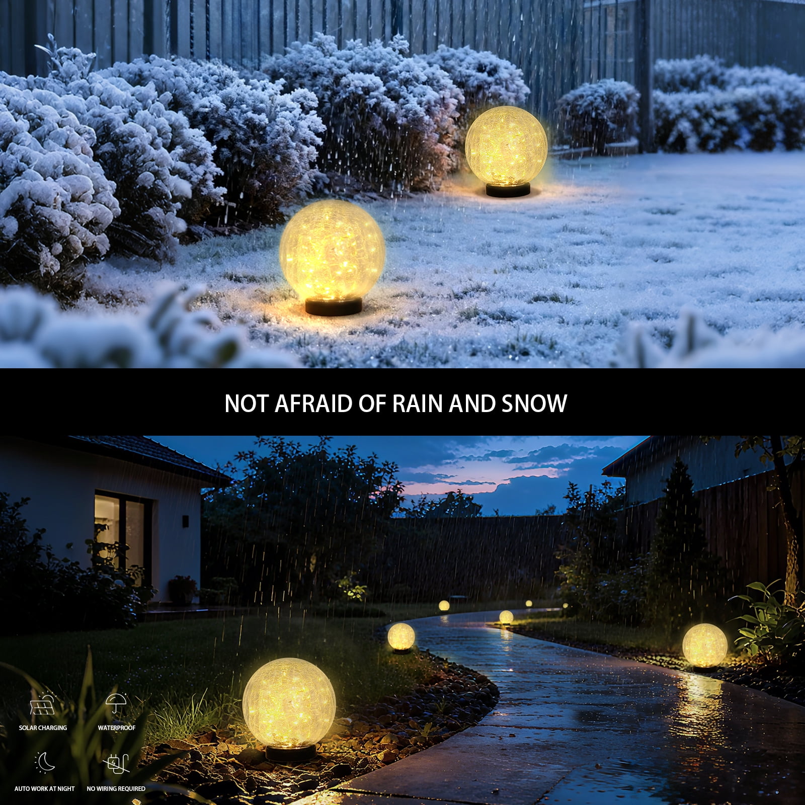 Garden Solar Ball Lights Outdoor Waterproof, 50 LED Cracked Glass Globe Solar Powered Ground Lights for Path Yard Patio Lawn - Solar Lights Outdoor, Christmas Decoration Landscape Warm White (2 Pack)