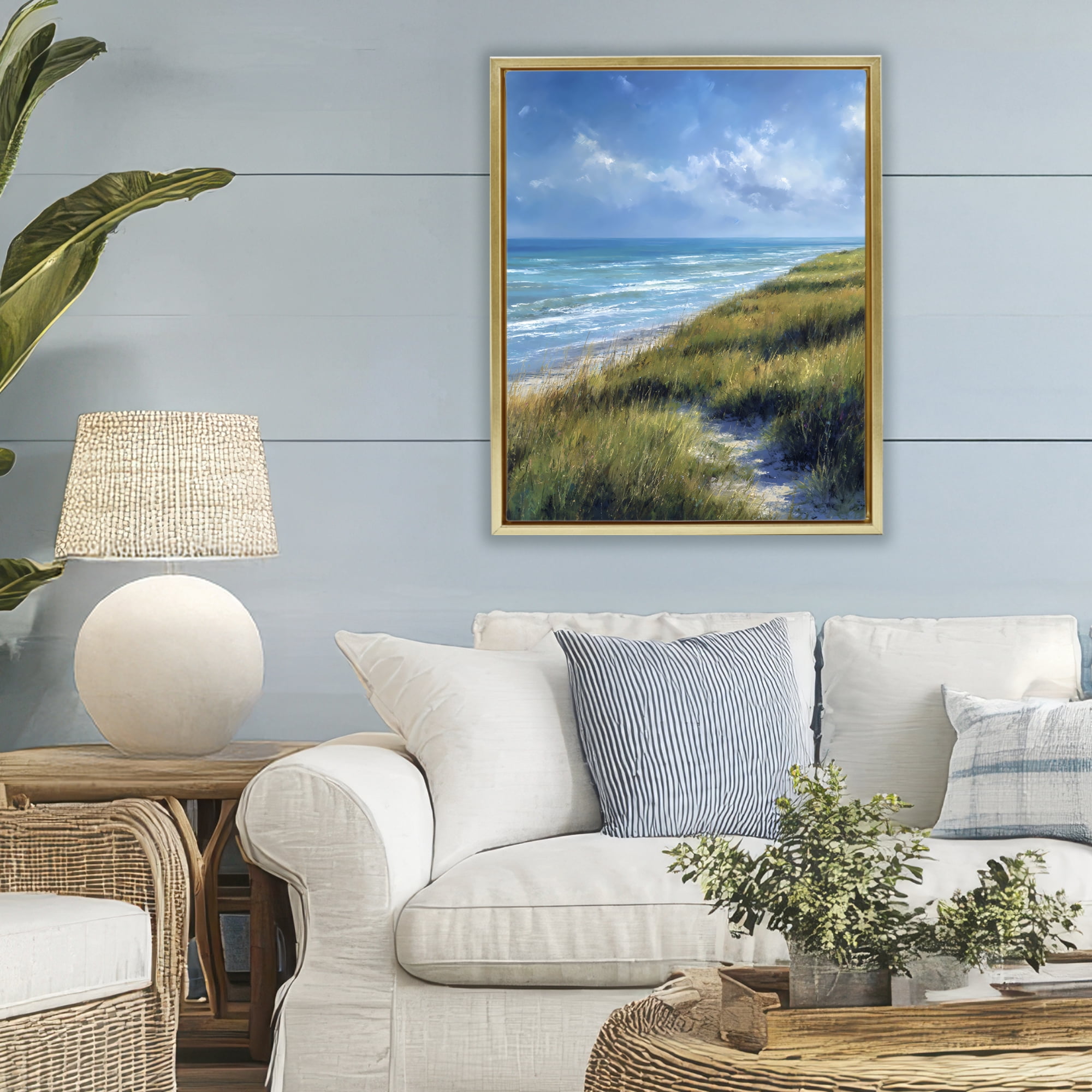 Stupell Industries Coastal Grass & Rolling Waves Gold Framed Floater Canvas Wall Art, design by Franklyn Gregory
