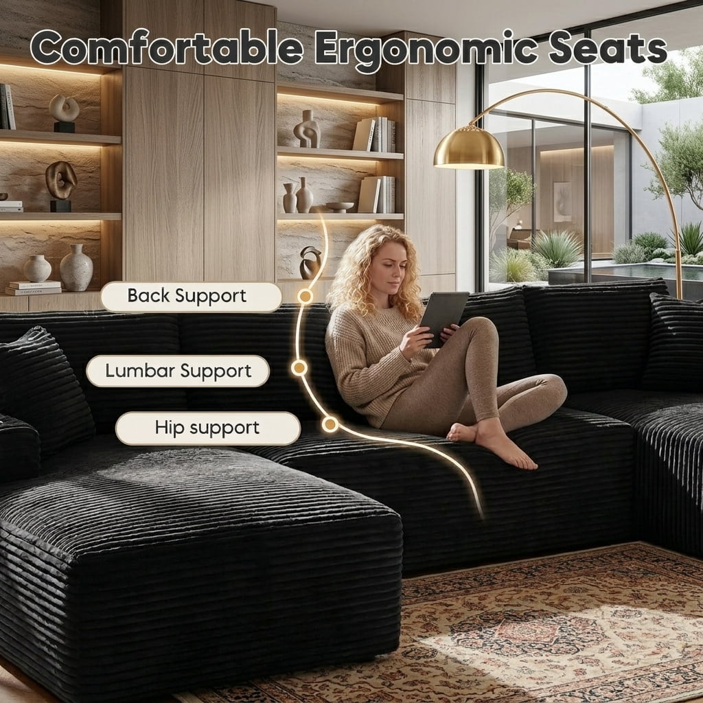 Howcool 134" Modular Cloud Couch, U-Shaped Sectional Sofa with Double Chaise, Oversized Deep Seat Boneless Corduroy Sofa with Cup Holders & Side Pockets, No Assembly Required, Black