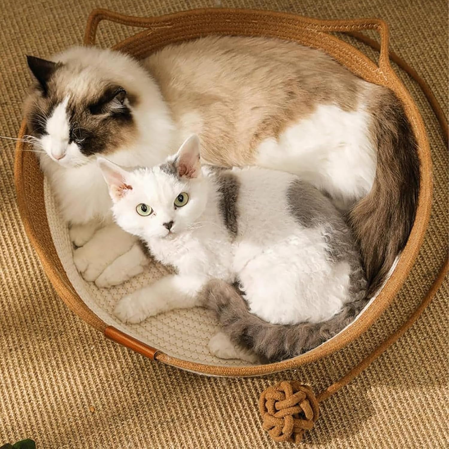 Basket for Cats with Durable Cotton Rope Weave, Handwoven Cat Bed with Built-in Washable Scratching Pad, Toy Tail for All-Season Indoor Comfort of Small Large Cats & Dogs.