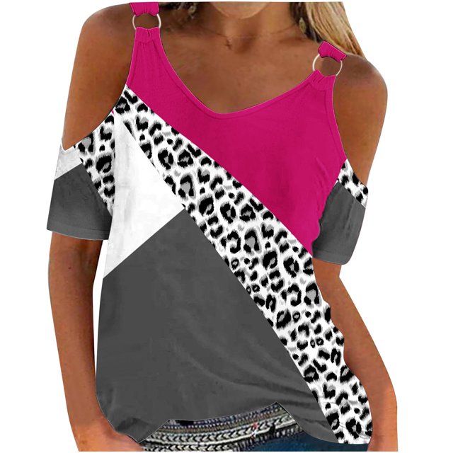 Fiudx Ofertas Flash Del Día Solo En Línea Blusas de Cuello Redondo de Manga Corta con Estampado Informal a La Moda para Mujer