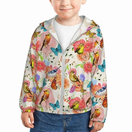 

Gaeub Flowers And Birds Watercolor Print Athletic Sun Protection Hoodie for Kids Long Sleeve Outdoor UV Shirt Running Fishing Top for Boys Girls-18 Months