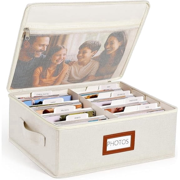 Photo Storage Box with Lid & Dividers, Linen Photo Organizer for up to 2000 4x6 Pictures