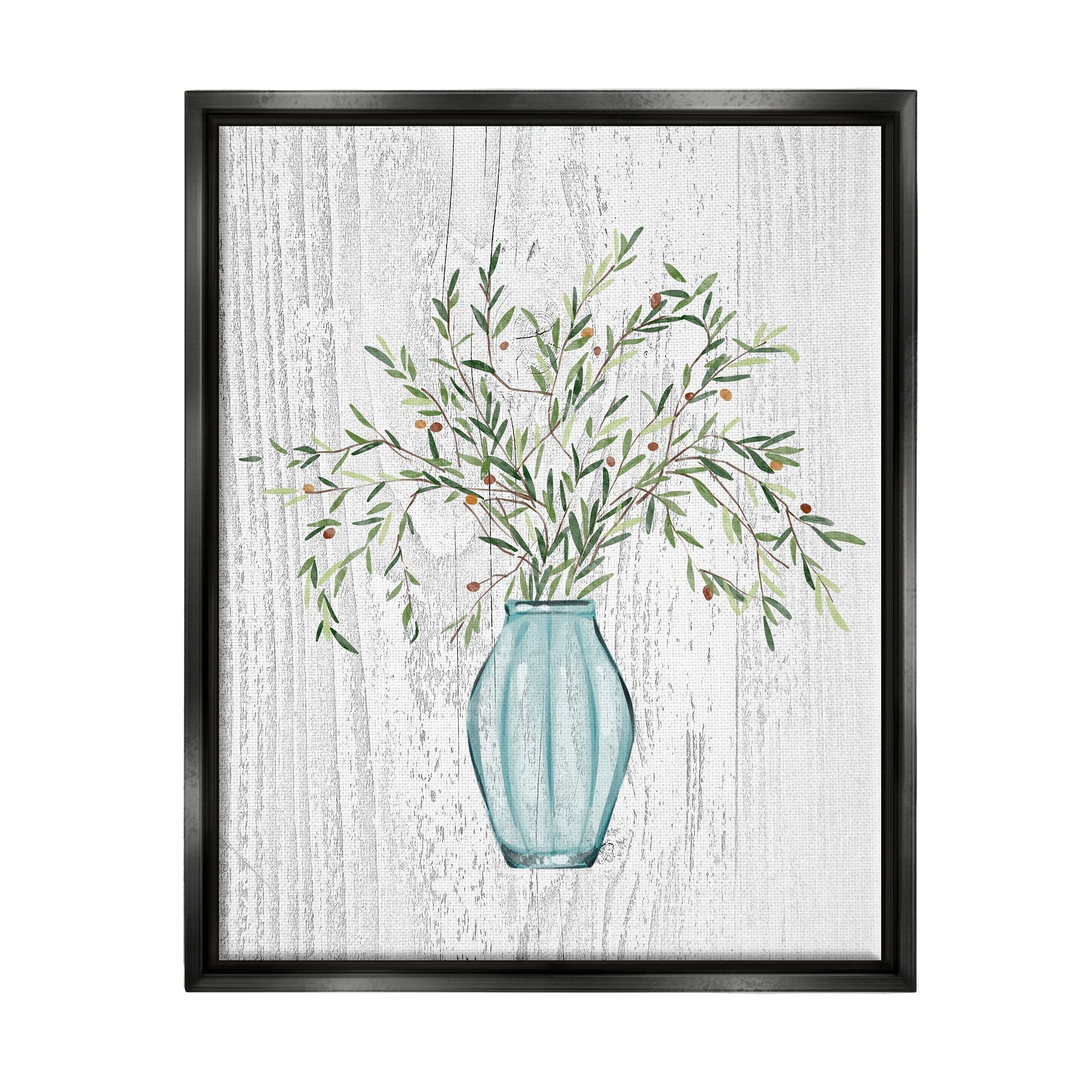 Stupell Industries Rustic Herbs Plants Budding Blue Glass Vase Graphic Art Metallic Gold Floating Framed Canvas Print Wall Art, Design by Ziwei Li