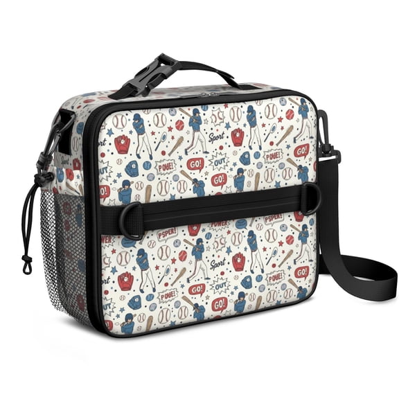 Baseball Players and Speech Bubbles Insulated Lunch Bag with Shoulder Strap and Bottle Holder,Bento School Lunch Bag Box,11x9.5x3.5 Inches