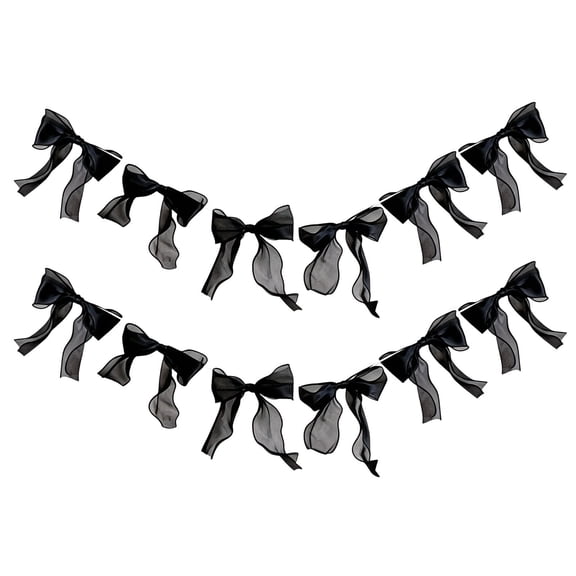 HOARBOEG 12 Pack Bow Garland Satin Ribbon Streamer Bunting, Black Wall Hanging Decor for Wedding, Bridal Shower, Birthday, Valentine’s Day